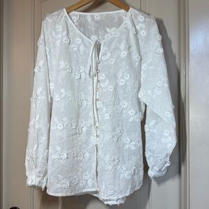Commense Oversized Semi-Sheer Embroidered elegant Floral Blouse Sz S NWT